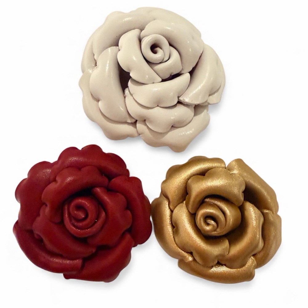 Camellia Rose Flower Leather Brooches Pins X 3 Women’s Red White Gold BRAND NEW